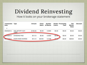 Dividend reinvestments are tracked as two separate transactions, so the stock purchase appears to be a new investment.
